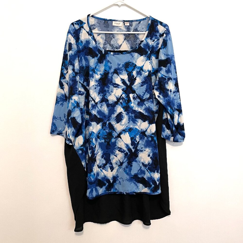 AVENUE Plus Size Blue Tie Dye / Solid Black Mixed Media 3/4 Sleeve Tunic Blouse